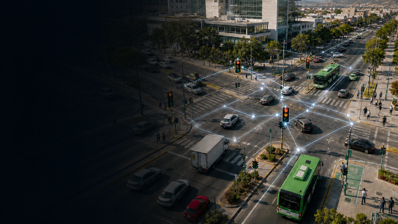 Cruce urbano inteligente con semaforos y rutas de datos en Queretaro
